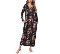 Sykooria Women's Long Nightgown Cotton Baggy Nightdress Plus Size Nightshirt Long Sleeve V Neck Sleep Dress Casual Sleepwear With Pockets(Red Flower - Black,3XL)