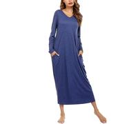 Sykooria Women's Long Nightgown Cotton Baggy Nightdress Plus Size Nightshirt Long Sleeve V Neck Sleep Dress Casual Sleepwear With Pockets(Dark Blue,M)