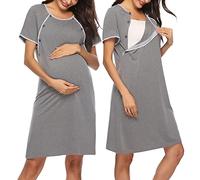 Sykooria Women's Maternity Nightdress Breastfeeding Nightwear Short Sleeve Nursing Nightgown Button Down Sleep Shirt V Neck Pajama Tops Soft Loungwear For Pregnant Women(Grey,XL)