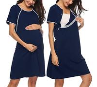 Sykooria Women's Maternity Nightdress Breastfeeding Nightwear Short Sleeve Nursing Nightgown Button Down Sleep Shirt V Neck Pajama Tops Soft Loungwear For Pregnant Women(Navy Blue,XXL)