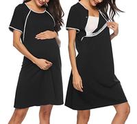 Sykooria Women's Maternity Nightdress Breastfeeding Nightwear Short Sleeve Nursing Nightgown Button Down Sleep Shirt V Neck Pajama Tops Soft Loungwear For Pregnant Women(Black,XXL)