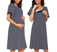 Sykooria Women's Maternity Nightdress Breastfeeding Nightwear Short Sleeve Nursing Nightgown Button Down Sleep Shirt V Neck Pajama Tops Soft Loungwear For Pregnant Women(Stripe Dark Blue,S)