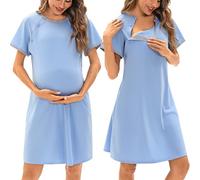 Sykooria Women's Maternity Nightdress Breastfeeding Nightwear Short Sleeve Nursing Nightgown Button Down Sleep Shirt V Neck Pajama Tops Soft Loungwear For Pregnant Women(Blue,S)