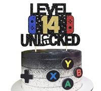 SYKYCTCY 1 Pack 14 Video Game Cake Topper Glitter Gaming Level Unlocked 14th Cake Pick Decoration Game On Controllers Cake Decoration for Boys Girls 14th Birthday Anniversary Party Decorations