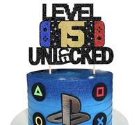 SYKYCTCY 1 Pack 15 Video Game Cake Topper Glitter Level Unlocked 15th Birthday Cake Pick Game On Controllers Cake Decoration for Gaming Theme Boys Girls 15th Birthday Anniversary Party Decorations