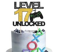 SYKYCTCY 1 Pack 17 Video Game Cake Topper Glitter Gaming Level Unlocked 17th Birthday Cake Pick Game On Controllers Cake Decoration for Boys Girls 17th Birthday Anniversary Party Decoration Supplies