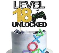SYKYCTCY 1 Pack 18 Video Game Cake Topper Glitter Gaming Level Unlocked 18th Birthday Cake Pick Game On Controllers Cake Decoration for Boys Girls 18th Birthday Anniversary Party Decoration Supplies