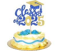 SYKYCTCY 1 Pack 2025 Grad Cake Topper Glitter Class of 2025 Cake Pick 2025 Grad Cake Decorations for Graduation Theme Party Cake Decoration Supplies Blue Gold
