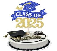 SYKYCTCY 1 Pack 2025 Graduation Cake Topper Glitter Congrats 2025 Cap Cake Pick Class of 2025 Cake Decorations for 2025 Graduation Theme High School Boys Girls Graduate Party Supplies Gold Blue