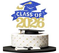 SYKYCTCY 1 Pack 2026 Graduation Cake Topper Glitter Congrats 2026 Cap Cake Pick Class of 2026 Cake Decorations for 2026 Graduation Theme High School Boys Girls Graduate Party Supplies Gold Blue