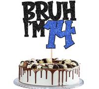 SYKYCTCY 1 Pack Black Glitter Bruh I'm 14 Cake Topper Glitter Happy 14th Birthday Cake Pick Funny 14th Birthday Cake Decorations Party Supplies