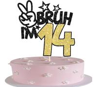 SYKYCTCY 1 Pack Black Glitter Bruh I'm 14 Cake Topper Glitter Happy 14th Birthday Cake Pick Funny Birthday Cake Decorations For 14th Party Supplies