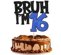 SYKYCTCY 1 Pack Black Glitter Bruh I'm 16Cake Topper Glitter Happy 16th Birthday Cake Pick Funny 16th Birthday Cake Decorations For Birthday Party Supplies