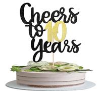 SYKYCTCY 1 Pack Cheers to 10 Years Cake Topper Black and Gold Glitter Assembled 10th Birthday Cake Pick Happy 10th Cake Decoration for 10th Anniversary Ten Birthday Party Decorations Supplies