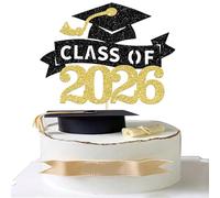 SYKYCTCY 1 Pack Class of 2026 Cake Topper Glitter Congrats Grad Cap 2026 Graduation Cake Pick for 2026 Graduation Theme High School Boys Girls Graduate Party Cake Decorations Supplies Gold Black
