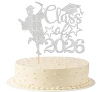 SYKYCTCY 1 Pack Class of 2026 Cake Topper Glitter Congrats Grad Cap Graduation Boy Cake Picks Cake Decorations for 2026 Graduation Theme High School Boy Graduate Party Supplies Silver