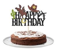 SYKYCTCY 1 Pack Cowboy Happy Birthday Cake Topper Glitter Hat Horseshoe Cactus Gun Cowboy Cake Pick for Western Cowboy Theme Baby Shower Kids Birthday Party Cake Decorations Supplies