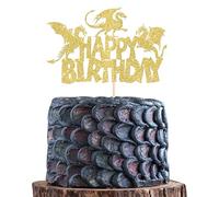 SYKYCTCY 1 Pack Dragon Happy Birthday Cake Topper Glitter Fantasy Birthday Cake Pick forMedieval Dragon Theme Baby Shower Kids Birthday Party Cake Decorations Supplies Gold