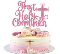 SYKYCTCY 1 Pack First Holy Communion Cake Topper Glitter Cross Religious Cake Picks God Bless Cake Decorations for Baby Shower Religious Theme Kids Frist Birthday Party Decoration Supplies