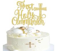 SYKYCTCY 1 Pack First Holy Communion Cake Topper Glitter Cross Religious Cake Picks God Bless Cake Decorations for Baby Shower Religious Theme Kids Frist Birthday Party Decoration Supplies Gold