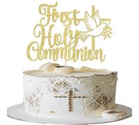 SYKYCTCY 1 Pack First Holy Communion Cake Topper Glitter Dove God Bless Cross Cake Pick First Communion Cake Decoration for Religious Theme Baby Shower 1st Birthday Decorations Supplies Gold