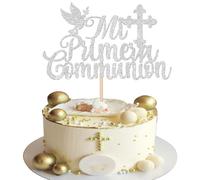 SYKYCTCY 1 Pack First Holy Communion Cake Topper Glitter First Holy Communion Cake Decorations God Bless This Child, Baby Shower, Wedding Baptism Christening Party Decorations Silver