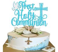 SYKYCTCY 1 Pack First Holy Communion Cake Topper Glitter Peace Pigeon Cross Religious Cake Picks God Bless Baptism Cake Decorations for Baptism Theme Baby Shower Birthday Party Decoration Supplies