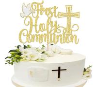 SYKYCTCY 1 Pack First Holy Communion Cake Topper Glitter Peace Pigeon Cross Religious Cake Picks God Bless Cake Decorations for Baptism Theme Baby Shower Birthday Party Decoration Supplies
