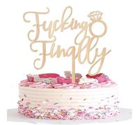 SYKYCTCY 1 Pack Fucking Finally Cake Topper Glitter Diamond Ring Funny Wedding Engagement Cake Pick Bridal Wedding Woooden Cake Decoration Party Supplies