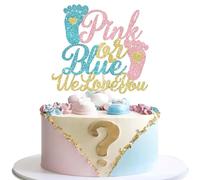 SYKYCTCY 1 Pack Glitter Pink or Blue We Love You Cake Topper Footprint Gender Reveal Cake Decoration for Baby Shower Theme Boy or Girl Gender Reveal Party Decoration Supplies