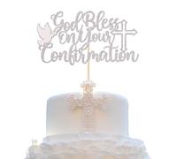 SYKYCTCY 1 Pack God Bless On You Confirmation Cake Topper with Cross Glitter First Communion Cake Pick Gold Bless Cake Decorations for Christening Baptism Baby Shower Birthday Party Supplies Silver