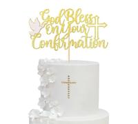 SYKYCTCY 1 Pack God Bless On You Confirmation Cake Topper with Cross Glitter First Holy Communion Cake Pick for Religious Christening Baptism Baby Shower Birthday Party Cake Decorations Supplies Gold