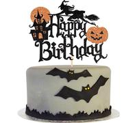 SYKYCTCY 1 Pack Halloween Happy Birthday Cake Topper Glitter Halloween Witch Leg Haunted House Pumpkin Cake Pick Decoration for Halloween Themed Cake Decoration Birthday Party Supplies