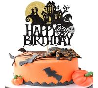 SYKYCTCY 1 Pack Halloween Happy Birthday Cake Topper Glitter Wizard Ghost Nightmare Spooky Haunted House Cake Pick for Halloween Themed Cake Decoration Birthday Party Supplies