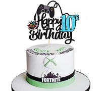 SYKYCTCY 1 Pack Happy 10th Birthday Cake Topper Glitter Video Game Cake Pick Game On Controllers Tenth Cheers to 10 Years Cake Decoration for Game Theme Happy 10th Birthday Party Supplies Black