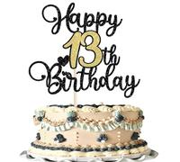 SYKYCTCY 1 Pack Happy 13th Birthday Cake Topper Black Gold Glitter Happy 13 Birthday Cake Decoration for 13 & Fabulous Birthday Hello 13 Party Anniversary Party Cake Decorations Supplies