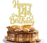 SYKYCTCY 1 Pack Happy 14th Birthday Cake Topper Glitter Star 14 Fabulous Cake Pick Sweet 14th Cake Decorations for Children 14th Birthday Theme Party Supplies Gold