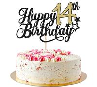 SYKYCTCY 1 Pack Happy 14th Birthday Cake Topper with Glitter Star Sweet 14th Cake Pick 14 Fabulous Cake Decorations for Kids 14th Birthday Anniversary Theme Party Supplies Black Gold