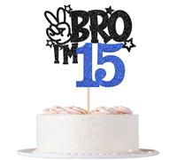 SYKYCTCY 1 Pack Happy 15th Birthday Cake Topper Glitter Bro I'm 15 Cake Pick Cheers to 15 Years Cake Decoration for Funny 15th Birthday Party Supplies Black Blue