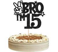 SYKYCTCY 1 Pack Happy 15th Birthday Cake Topper Glitter Bro I'm 15 Cake Pick Cheers to 15 Years Cake Decoration for Funny 15th Birthday Party Supplies Black