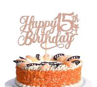 SYKYCTCY 1 Pack Happy 15th Birthday Cake Topper with Glitter Star Cheers to 15 Cake Pick 15 Fabulous Cake Decorations for Kids 15th Birthday Anniversary Theme Party Supplies Rosegold
