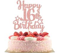 SYKYCTCY 1 Pack Happy 16th Birthday Cake Topper Glitter Star 16 Fabulous Cake Pick Sweet 16 Cake Decorations for Children 16th Birthday Theme Party Supplies Rosegold