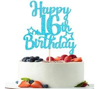 SYKYCTCY 1 Pack Happy 16th Birthday Cake Topper Glitter Star 16 Fabulous Cake Pick Sweet 16 Cake Decorations for Children 16th Birthday Theme Party Supplies Lake Blue