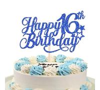 SYKYCTCY 1 Pack Happy 16th Birthday Cake Topper Glitter Star Sweet 16 Cake Pick Cheers to 16 Cake Decorations for Kids 16th Birthday Anniversary Theme Party Supplies Blue