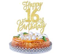 SYKYCTCY 1 Pack Happy 16th Birthday Cake Topper Gold Glitter Cheers to 16 Years Birthday Cake Pick 16 Fabulous Cake Decoration for Happy Birthday Theme Anniversary Party Supplies