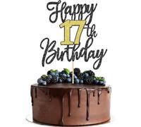 SYKYCTCY 1 Pack Happy 17th Birthday Cake Topper Black Gold Glitter Cheers to 17 Years Birthday Cake Pick 17 Fabulous Cake Decoration for Happy 17th Birthday Anniversary Party Decorations