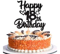 SYKYCTCY 1 Pack Happy 18th Birthday Cake Topper Glitter Heart Star 18 Fabulous Cake Pick Birthday Sign Cake Decorations for 18th Birthday Theme Party Supplies Black