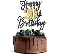 SYKYCTCY 1 Pack Happy 20th Birthday Cake Topper Black Gold Glitter Cheers to 20 Years Birthday Cake Pick 20 Fabulous Cake Decoration for Happy 20th Birthday Anniversary Party Decorations Supplies