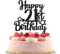 SYKYCTCY 1 Pack Happy 21st Birthday Cake Topper Glitter Star 21 Fabulous Cake Pick Cheers to 21 Cake Decorations for Children 21st Birthday Theme Party Supplies Black