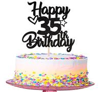 SYKYCTCY 1 Pack Happy 35th Birthday Cake Topper Glitter Heart Star 35 Fabulous Cake Pick Birthday Sign Cake Decorations for 35th Birthday Theme Party Supplies Black